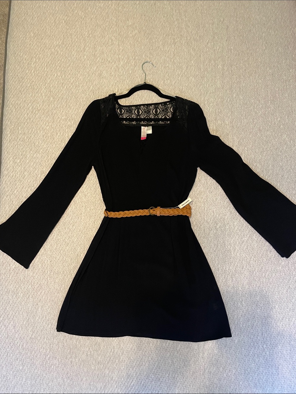 No Boundaries Black Long-Sleeve Dress with Lace Yoke and Braided Belt